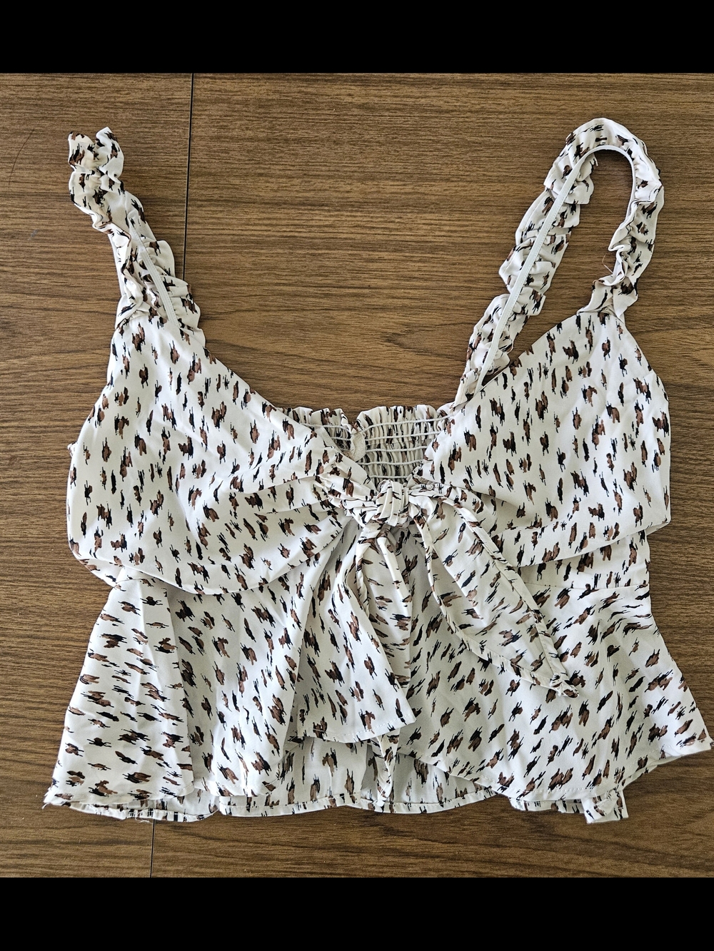 Smocked Tie-Front White Printed Ruffle Crop Cami